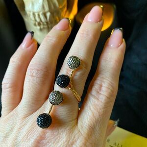New women’s black and silver bead statement cocktail ring adjustable
